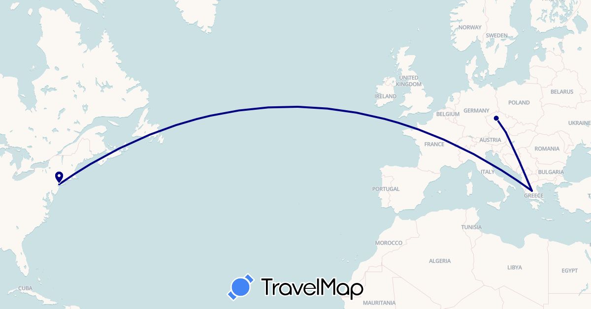 TravelMap itinerary: driving in Austria, Czech Republic, Greece, United States (Europe, North America)
